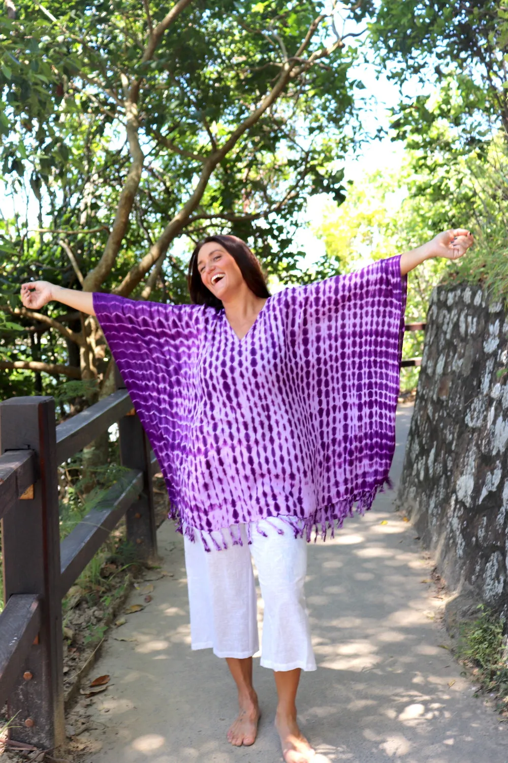 Short Kaftan With Tassels In Lavender Tie Dye