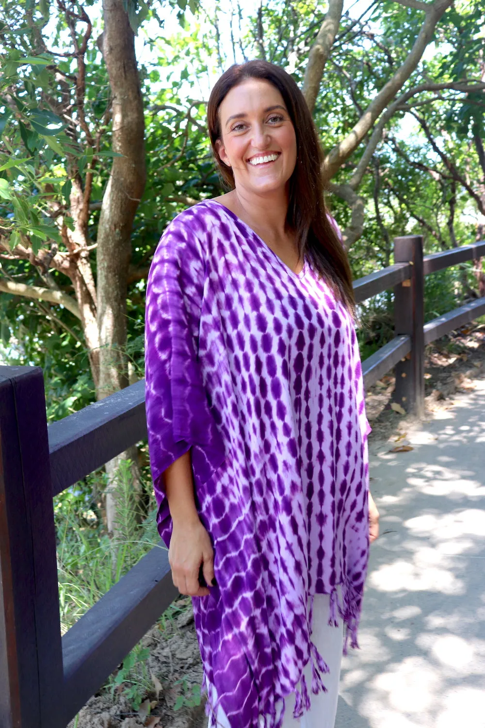 Short Kaftan With Tassels In Lavender Tie Dye