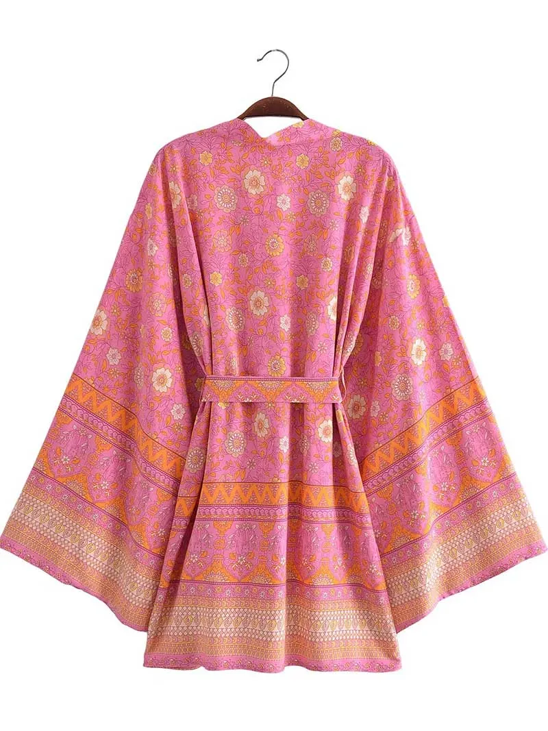 Short Kimono With Floral Print Pink & Yellow Cotton Short Length Gown Robe