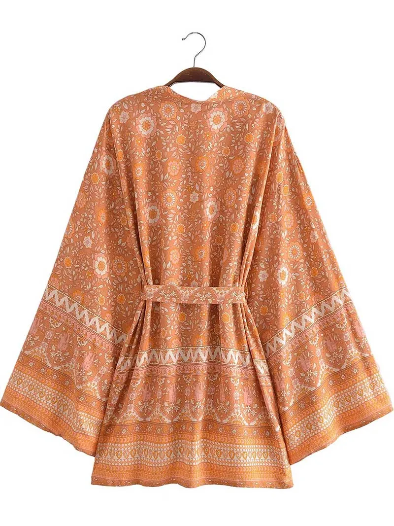 Short Kimono With Floral Print Pink & Yellow Cotton Short Length Gown Robe