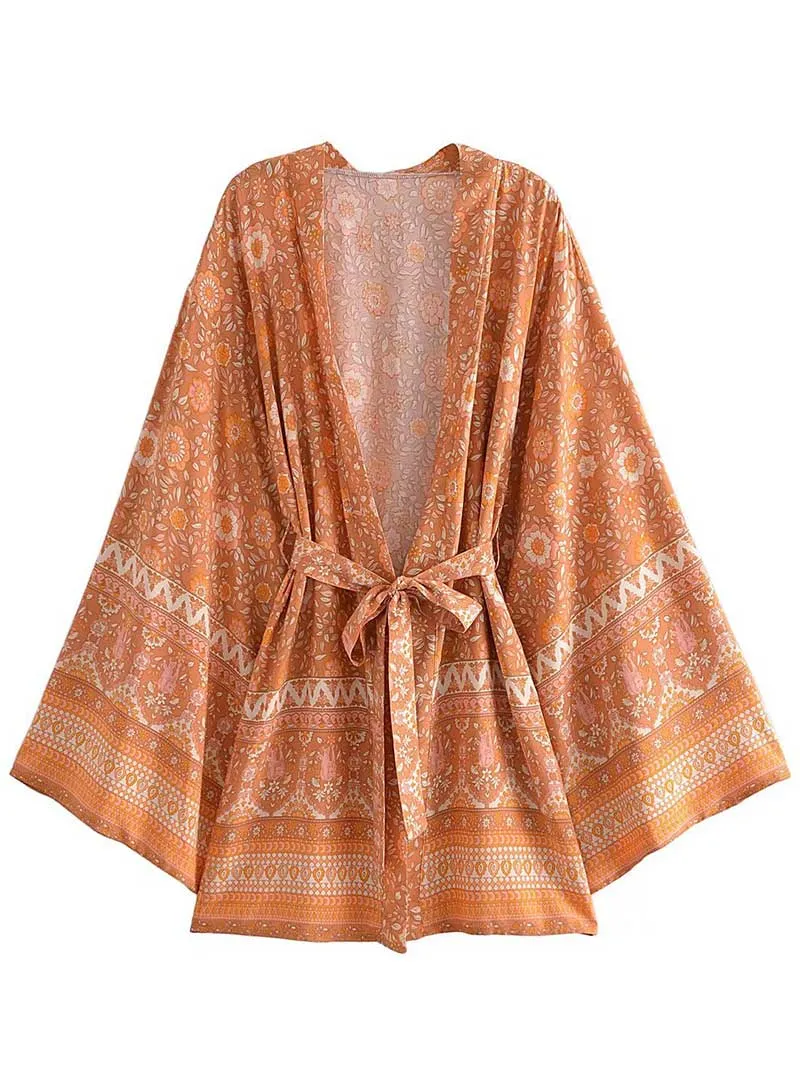 Short Kimono With Floral Print Pink & Yellow Cotton Short Length Gown Robe