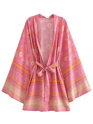Short Kimono With Floral Print Pink & Yellow Cotton Short Length Gown Robe