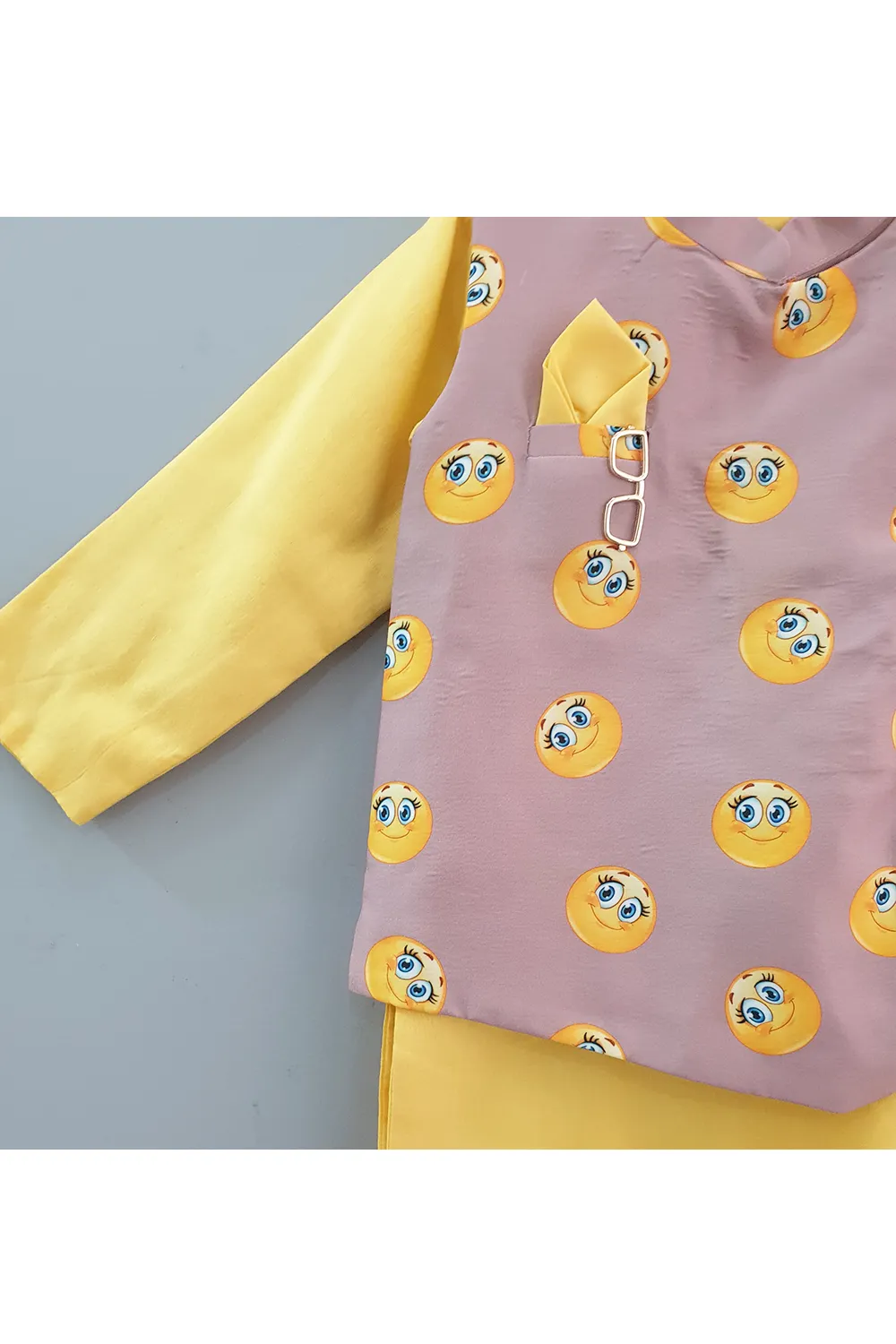 Smileys printed jacket and yellow kurta with pants