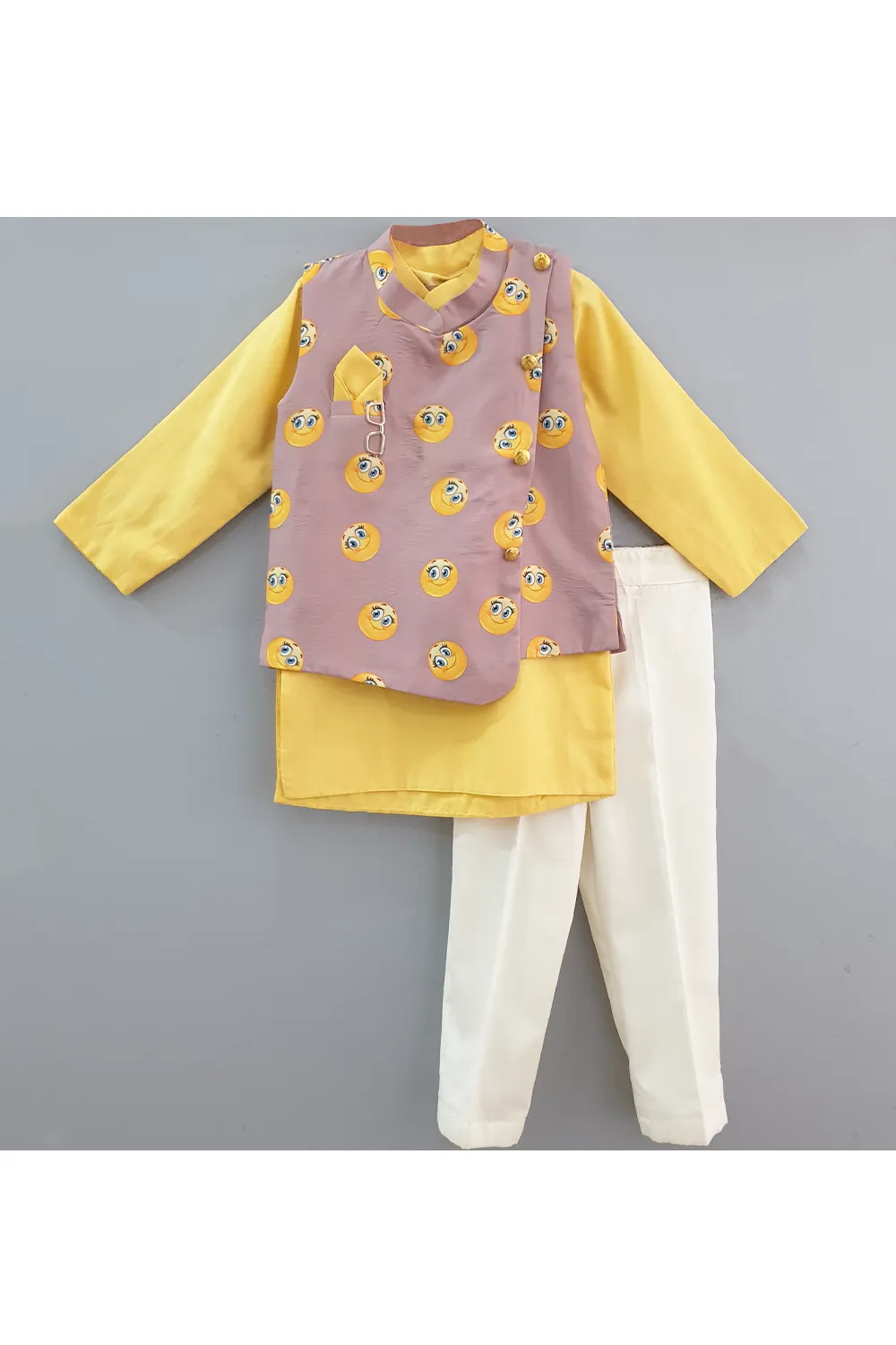 Smileys printed jacket and yellow kurta with pants