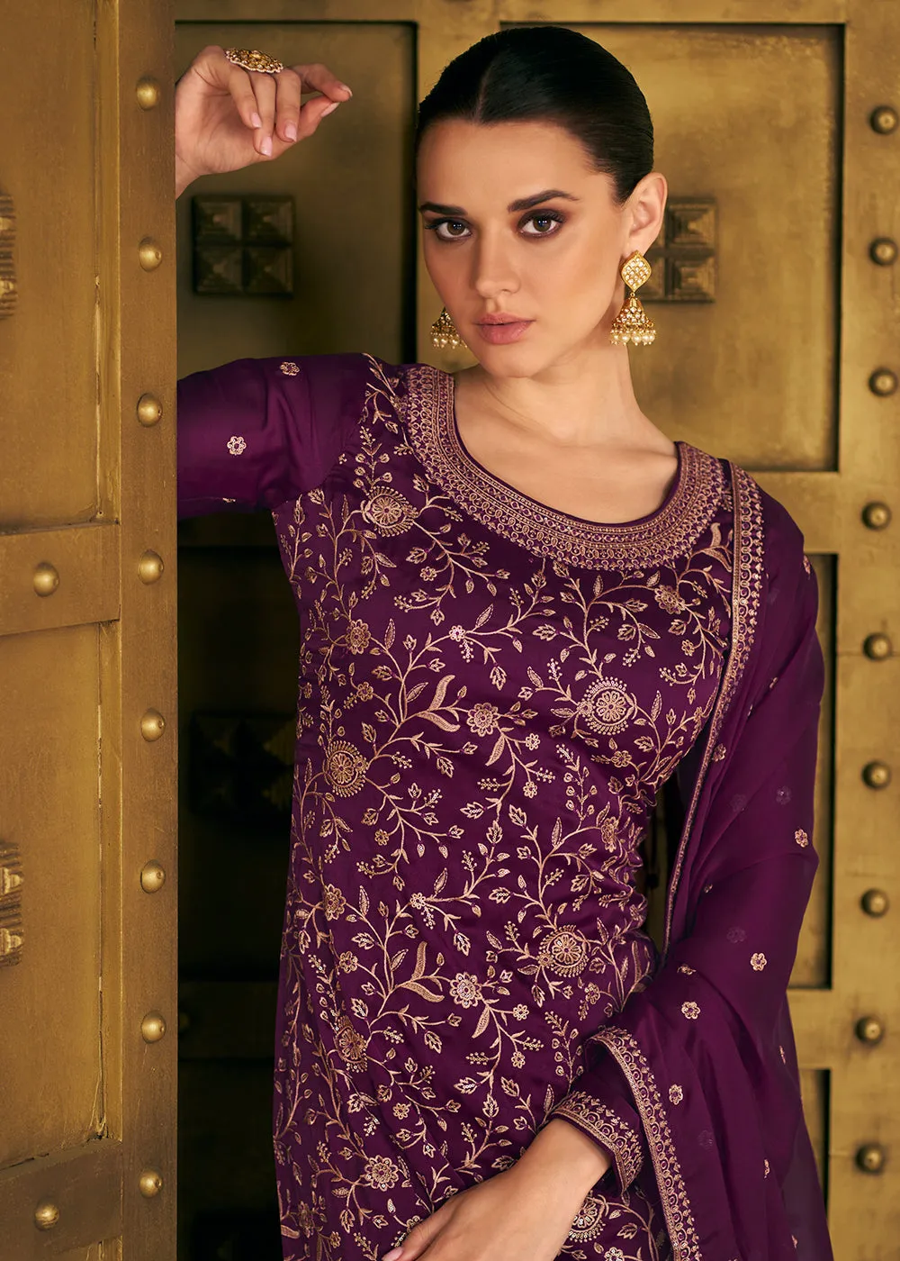 Soft Silk Wine Purple Embroidered Wedding Festive Salwar Suit