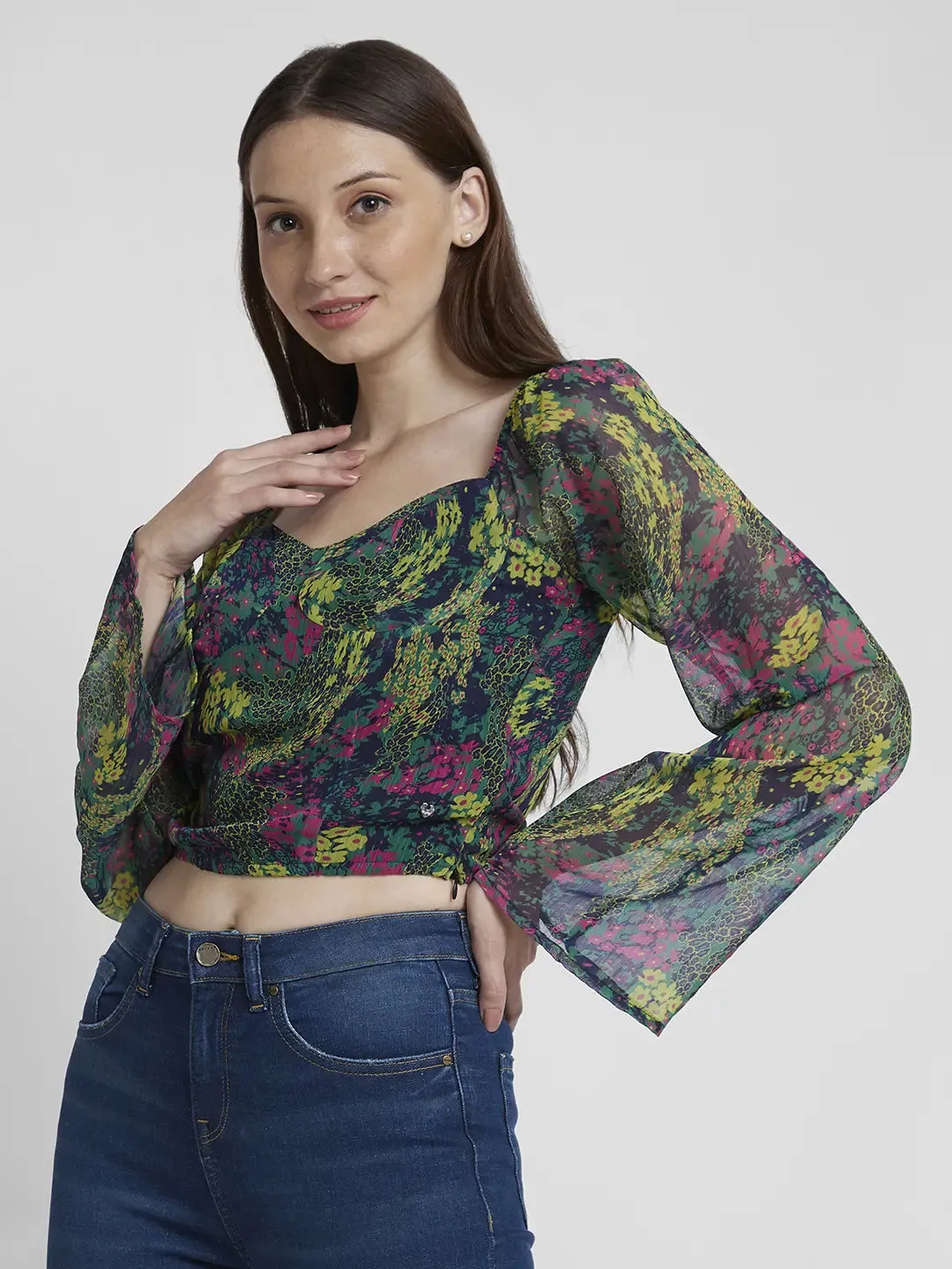 Spykar Women Green Chiffon Slim Fit Full Sleeve V-Neck Printed Crop Top