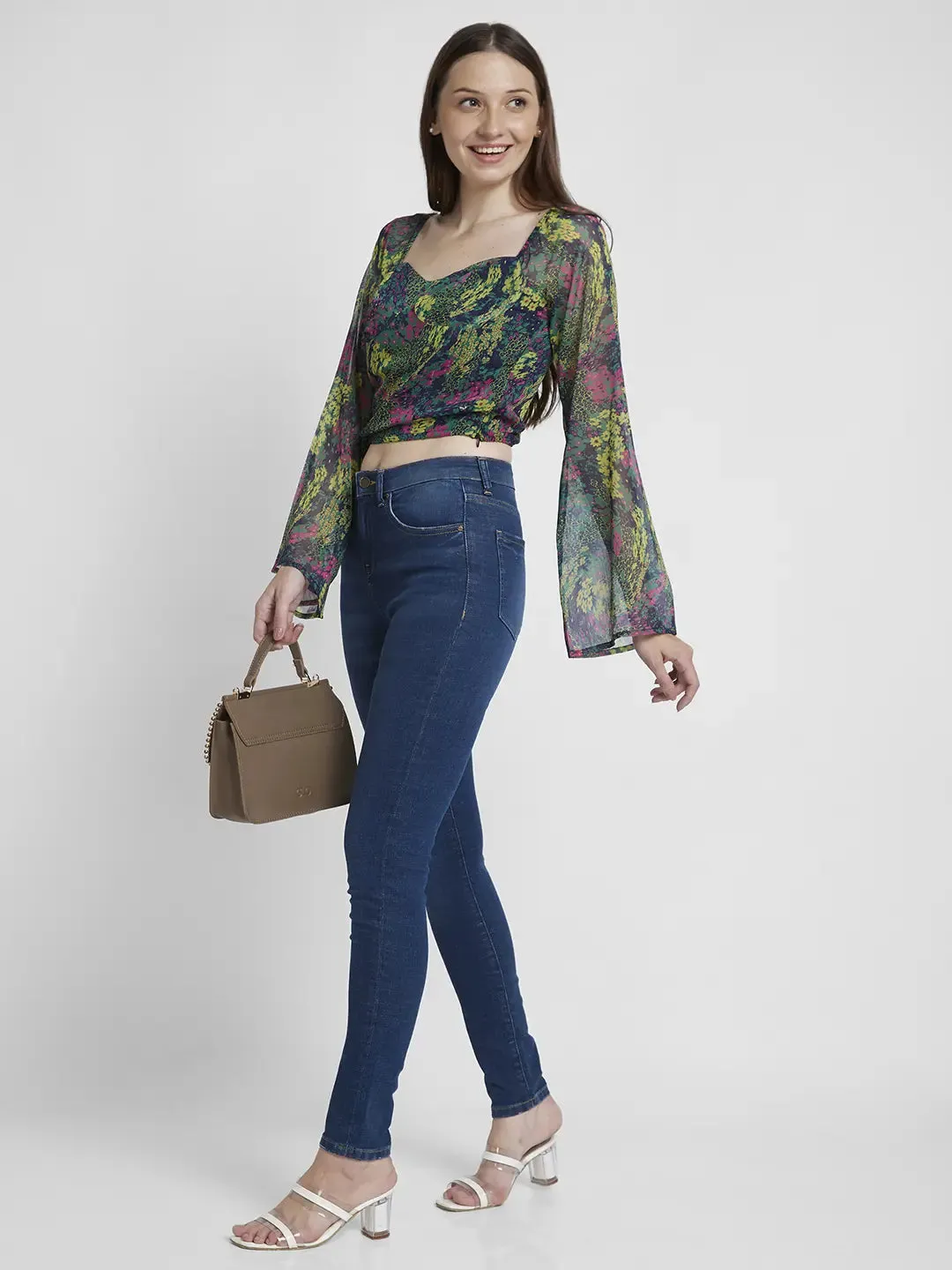 Spykar Women Green Chiffon Slim Fit Full Sleeve V-Neck Printed Crop Top