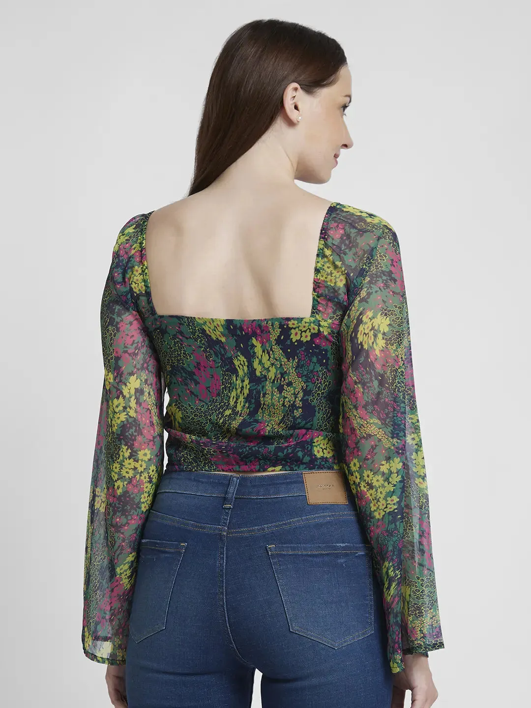 Spykar Women Green Chiffon Slim Fit Full Sleeve V-Neck Printed Crop Top