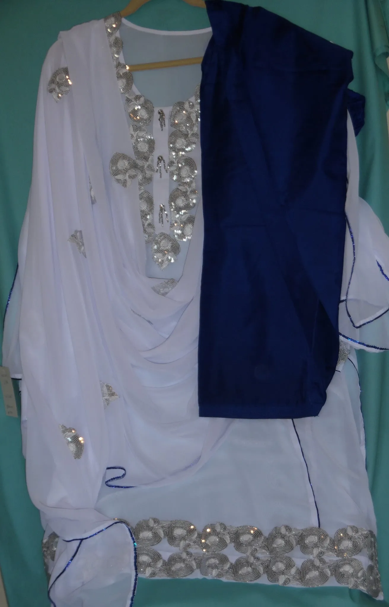 Suit 1491 Salwar Kameez Dupatta Large Size White Blue Silk Chiffon Party Wear