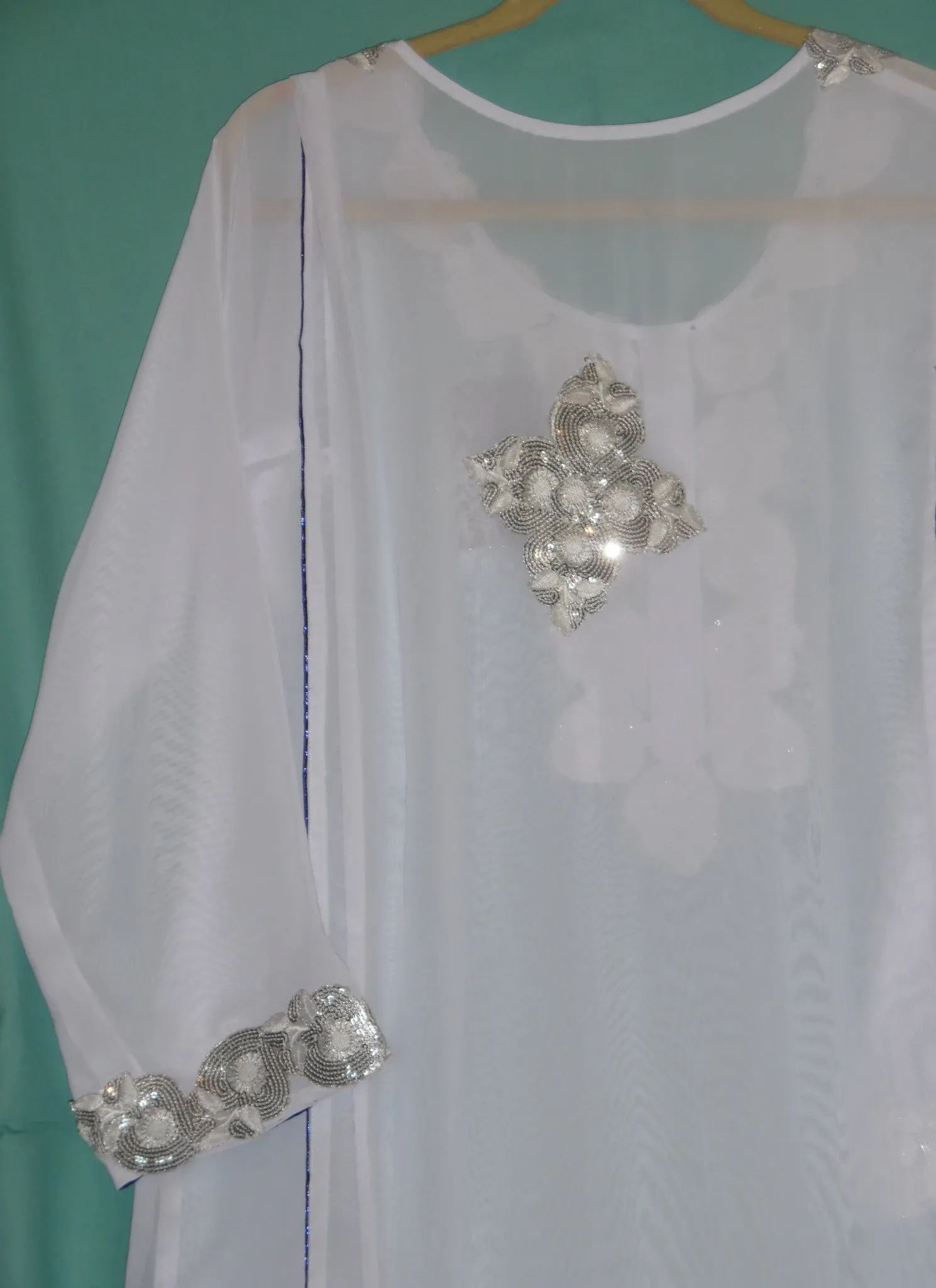 Suit 1491 Salwar Kameez Dupatta Large Size White Blue Silk Chiffon Party Wear