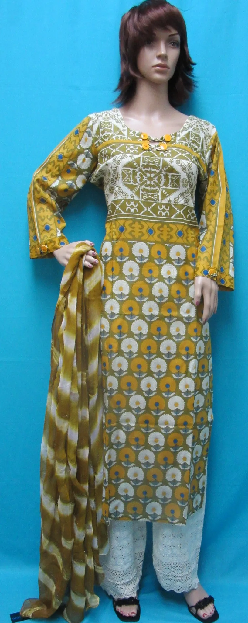 Suit 3786 Black Green Printed Cotton Long Kameez Ivory Plazo Pakistani Suit