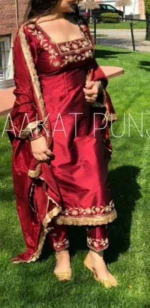 Suit 6381474 Maroon Silk Gold Detail Salwar Kameez Dupatta Large Size Suit
