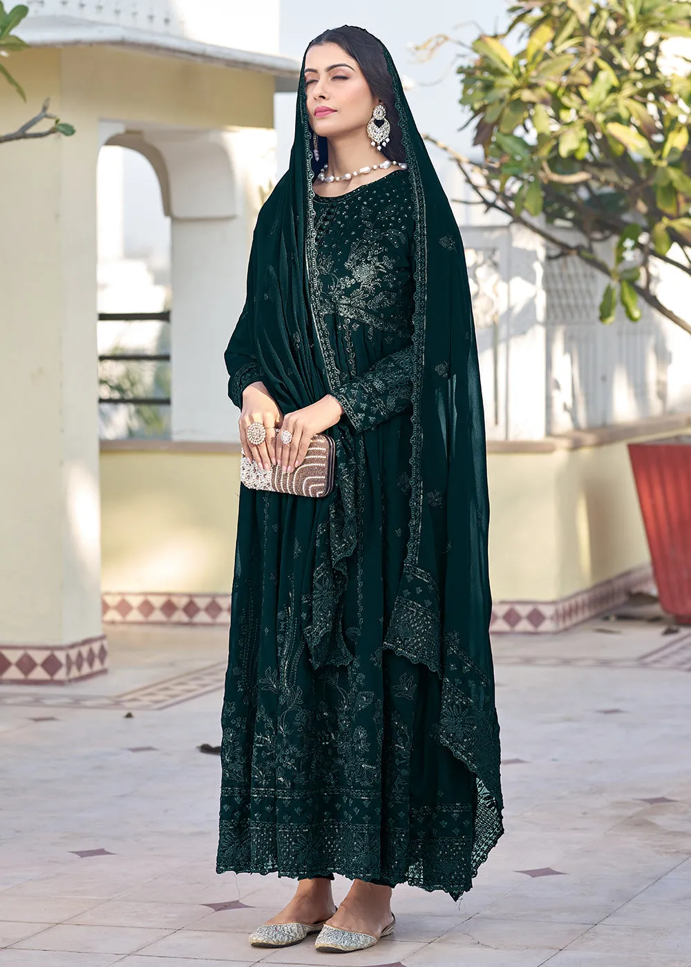 Teal Green Georgette Embroidered Frock Style Salwar Suit