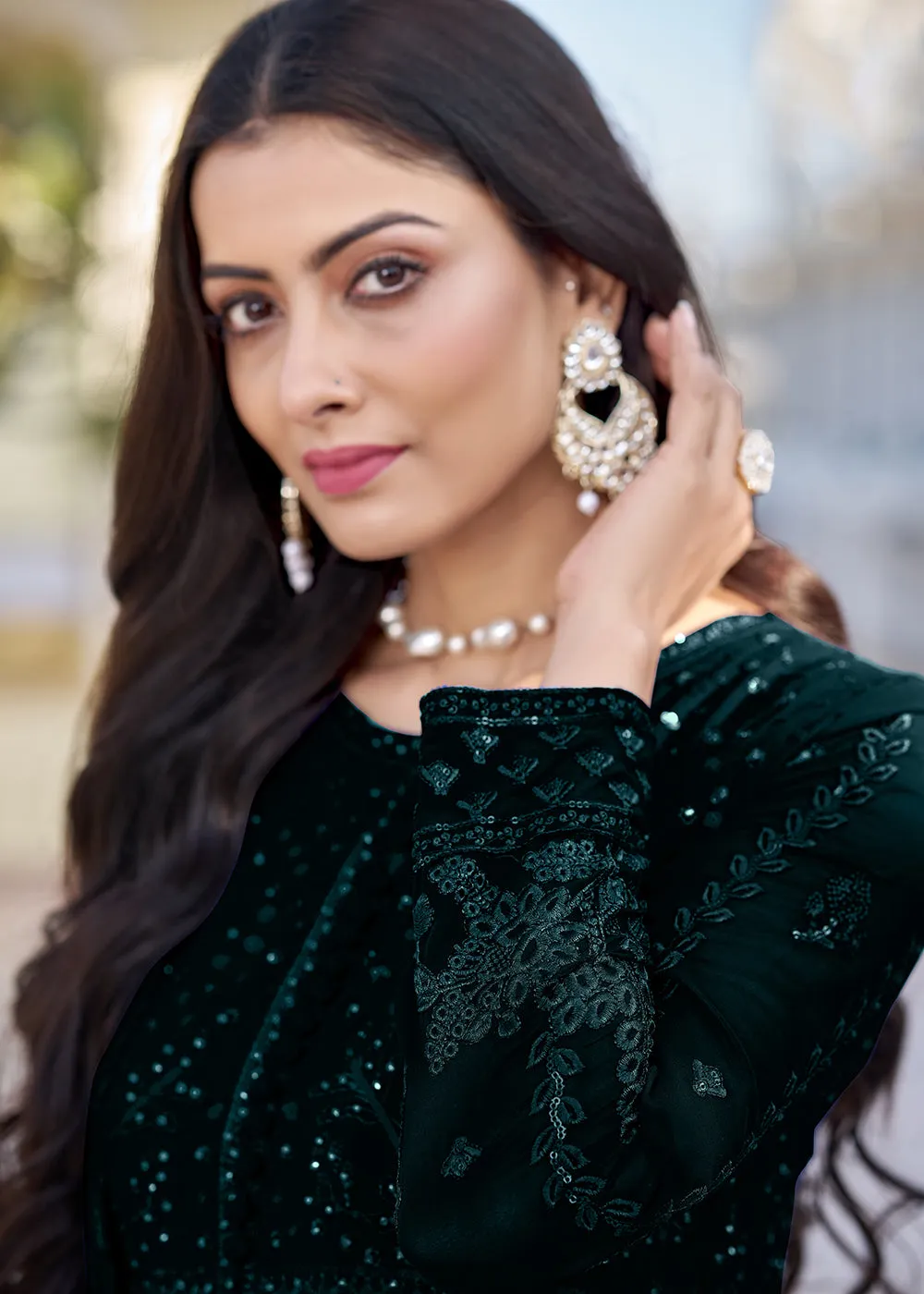Teal Green Georgette Embroidered Frock Style Salwar Suit