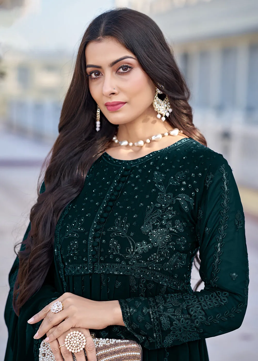 Teal Green Georgette Embroidered Frock Style Salwar Suit