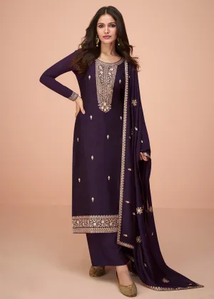 Tempting Purple Silk Embroidered Palazzo Salwar Suit