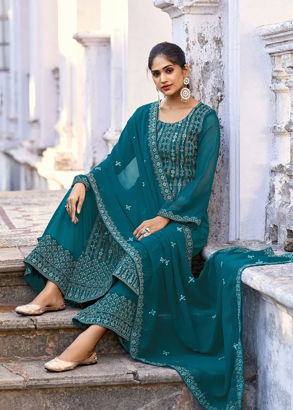 Thread & Sequins Embroidered Teal Palazzo Salwar Suit