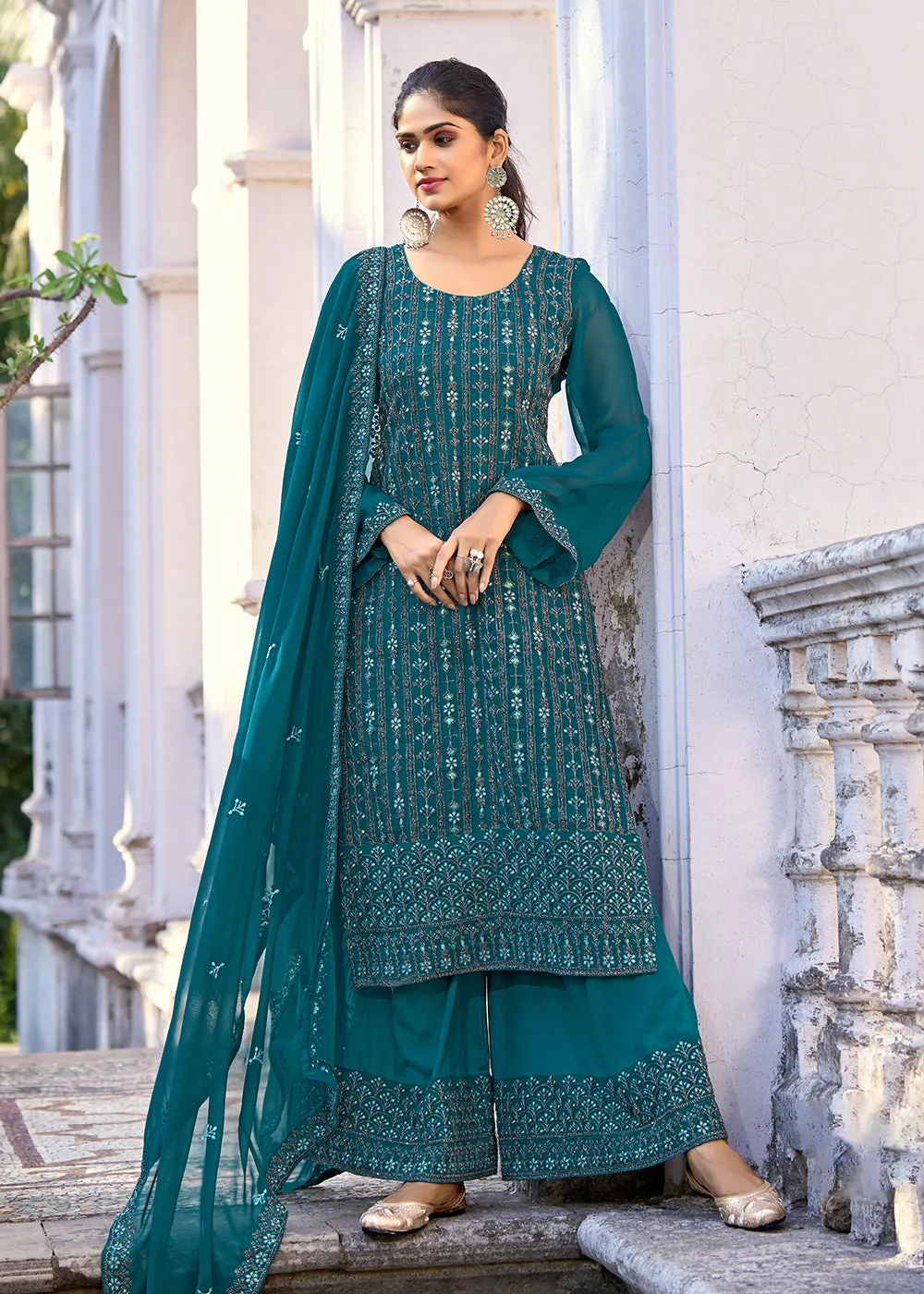 Thread & Sequins Embroidered Teal Palazzo Salwar Suit