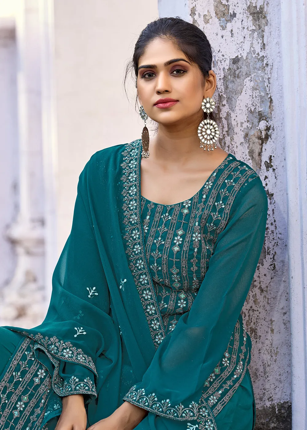 Thread & Sequins Embroidered Teal Palazzo Salwar Suit