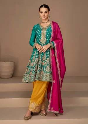 Traditional Look Aqua Blue Chinon Silk Punjabi Style Suit