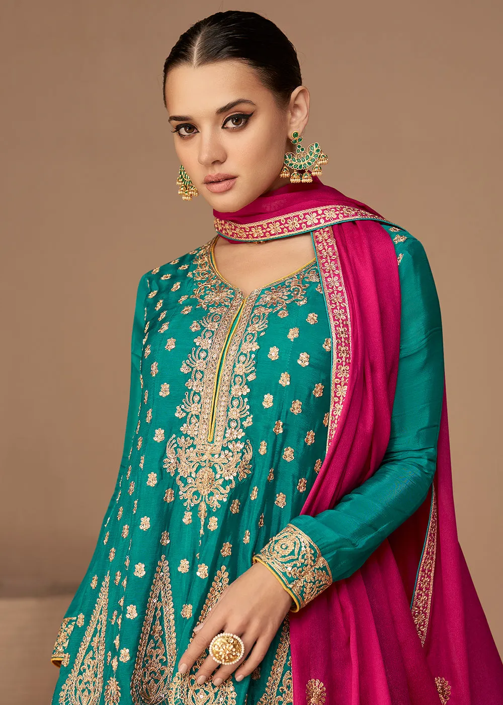 Traditional Look Aqua Blue Chinon Silk Punjabi Style Suit