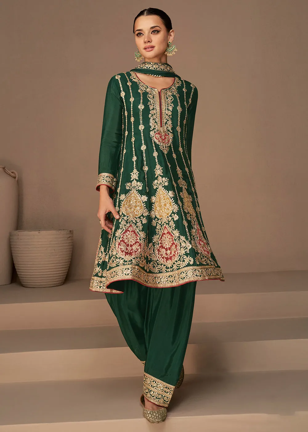 Traditional Look Dark Green Chinon Silk Punjabi Style Suit