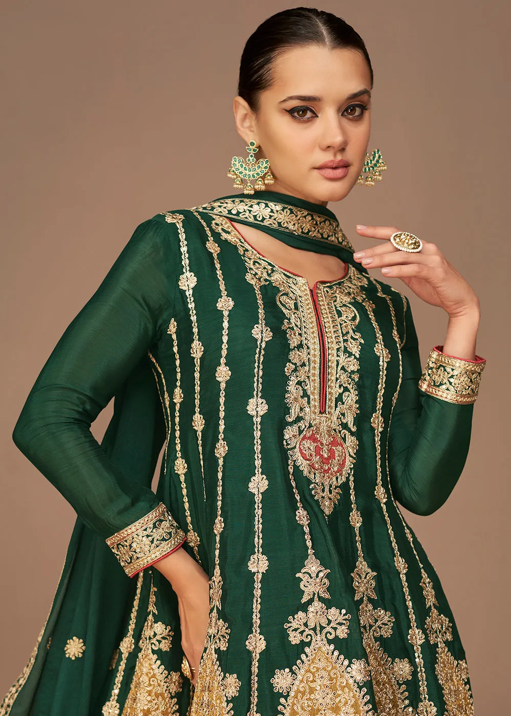 Traditional Look Dark Green Chinon Silk Punjabi Style Suit