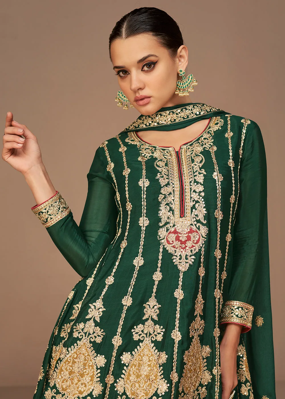 Traditional Look Dark Green Chinon Silk Punjabi Style Suit