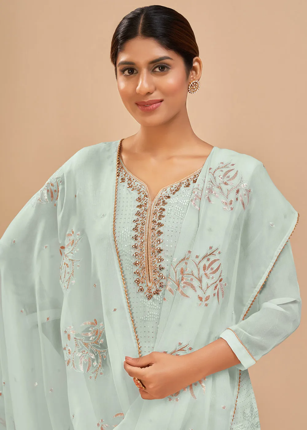 Trendy Light Blue Sequins & Khatli Work Festive Palazzo Suit