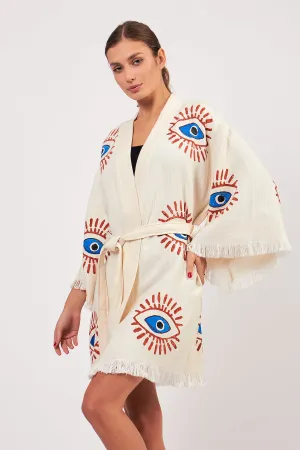 Turkish Towel Kimono Bathrobe Eye Design Ecru