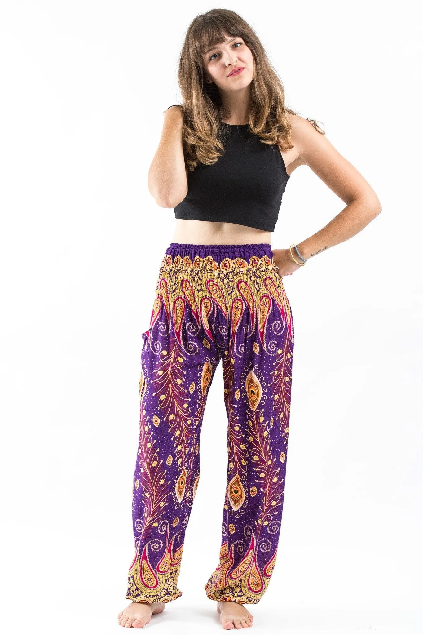 Unisex Peacock Paisley Harem Pants in Purple