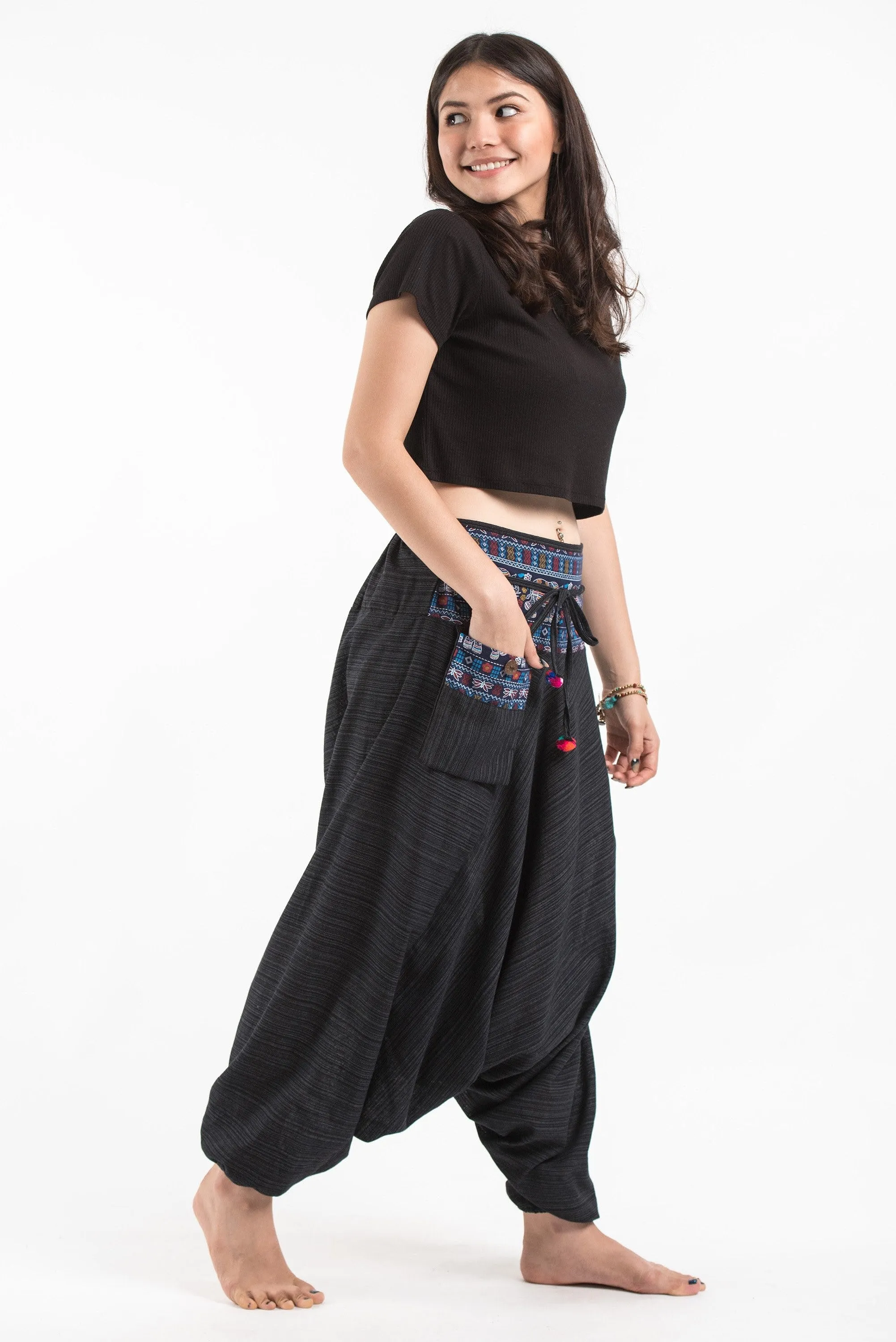 Unisex Pinstripe Harem Pants with Elephant Trim in Black