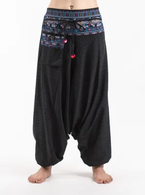 Unisex Pinstripe Harem Pants with Elephant Trim in Black