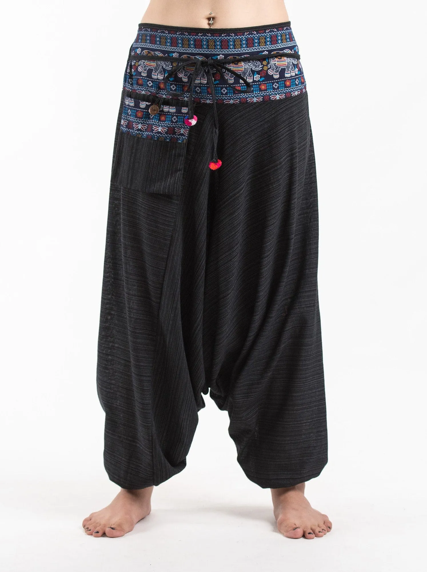 Unisex Pinstripe Harem Pants with Elephant Trim in Black