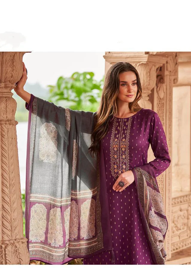Unstitched Winter Woollen Violet Pashmina Suits Materials