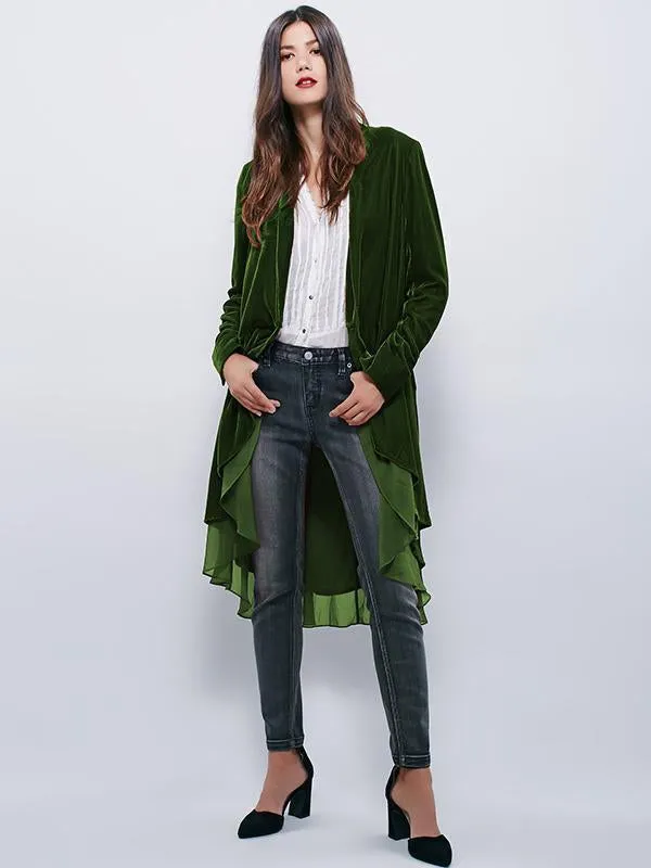 Velvet Chiffon Falbala Cardigan Outwear Tops