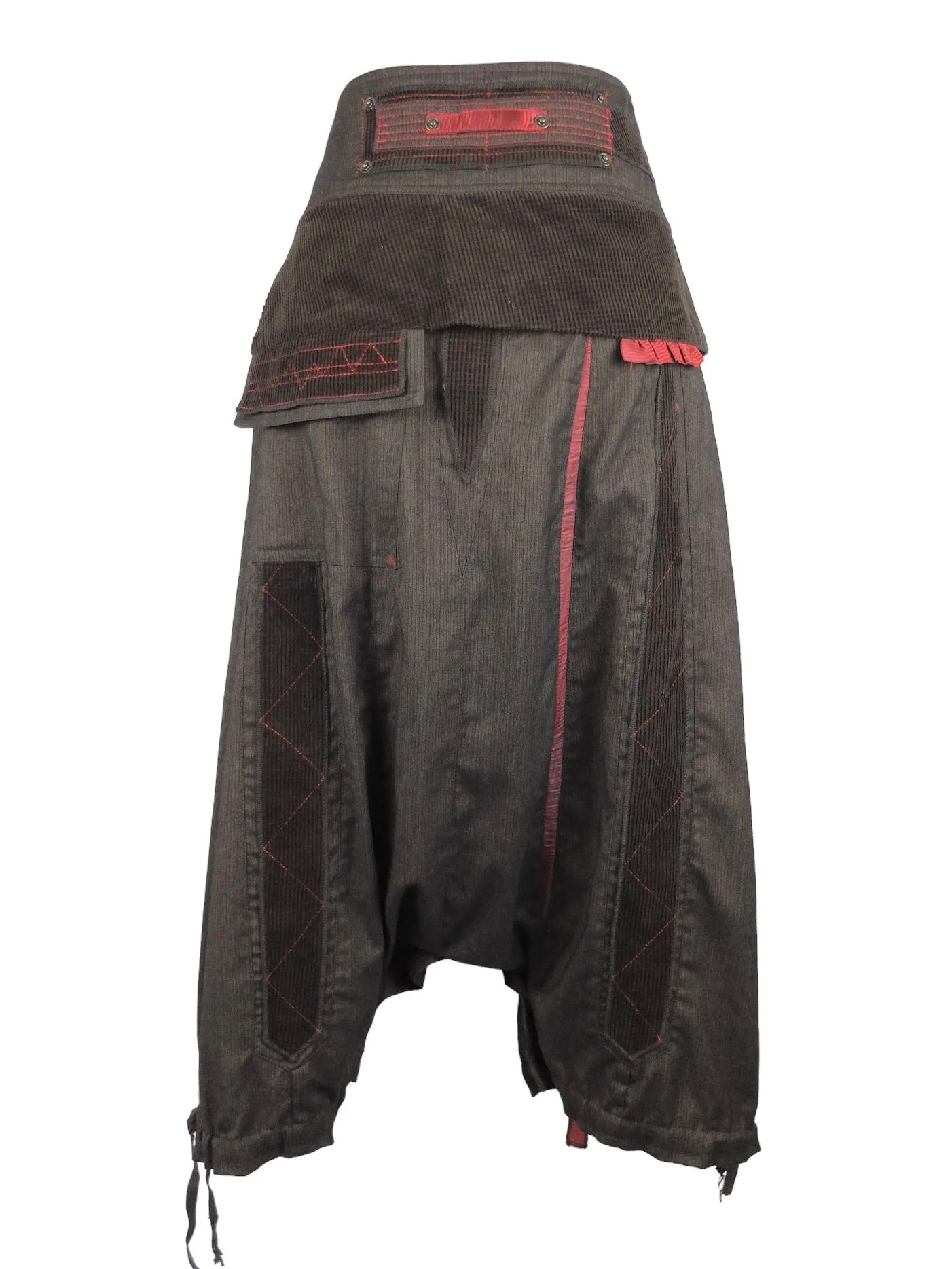 Vintage 2000s Y2K Subversive Hippie Festival Style High Waisted Brown Flowy Harem Pants with Drawstring Ties & Patchwork Detail | 29 Inch Waist