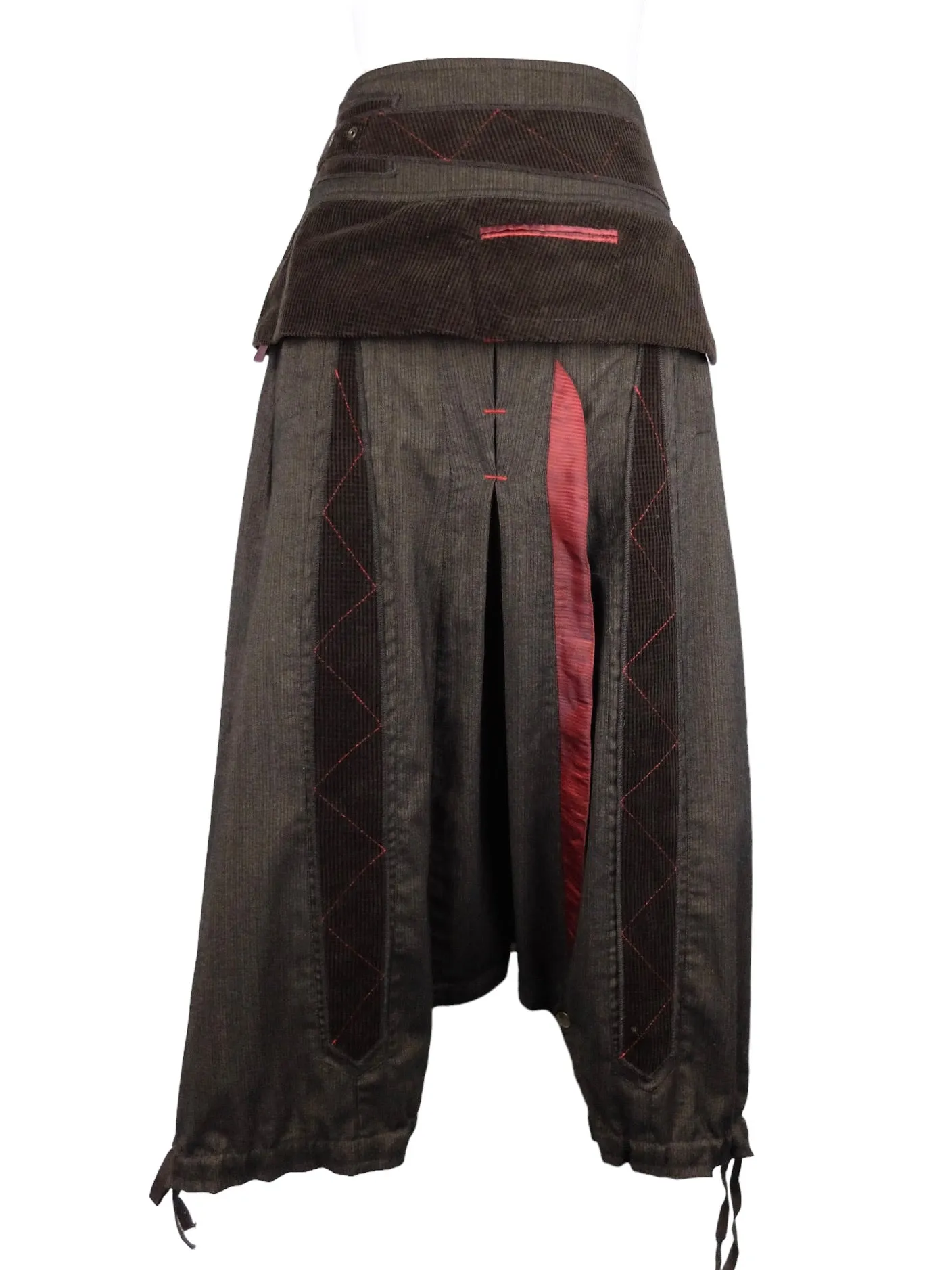 Vintage 2000s Y2K Subversive Hippie Festival Style High Waisted Brown Flowy Harem Pants with Drawstring Ties & Patchwork Detail | 29 Inch Waist