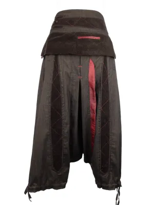 Vintage 2000s Y2K Subversive Hippie Festival Style High Waisted Brown Flowy Harem Pants with Drawstring Ties & Patchwork Detail | 29 Inch Waist