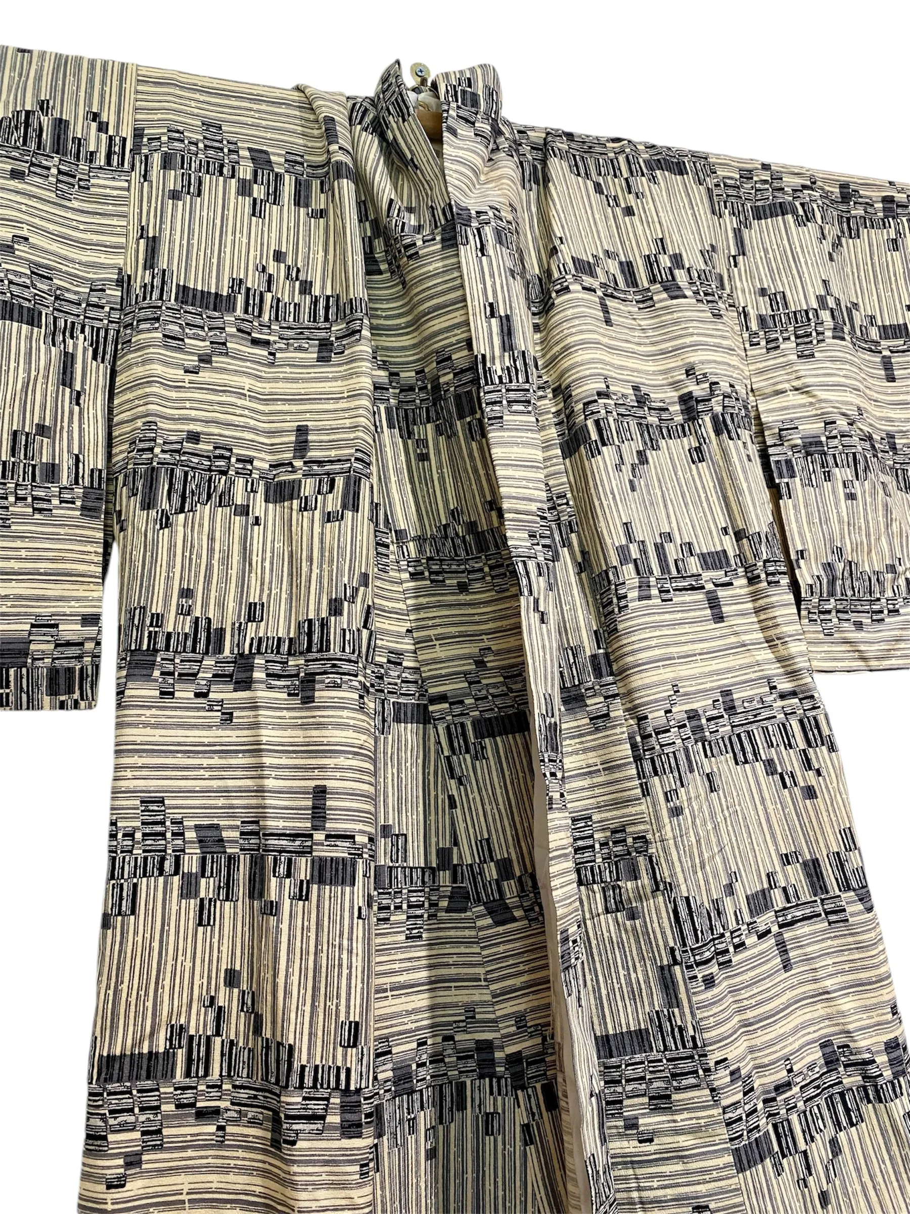 Vintage Japanese Silk Kimono in Geometric Blue Cream Pattern