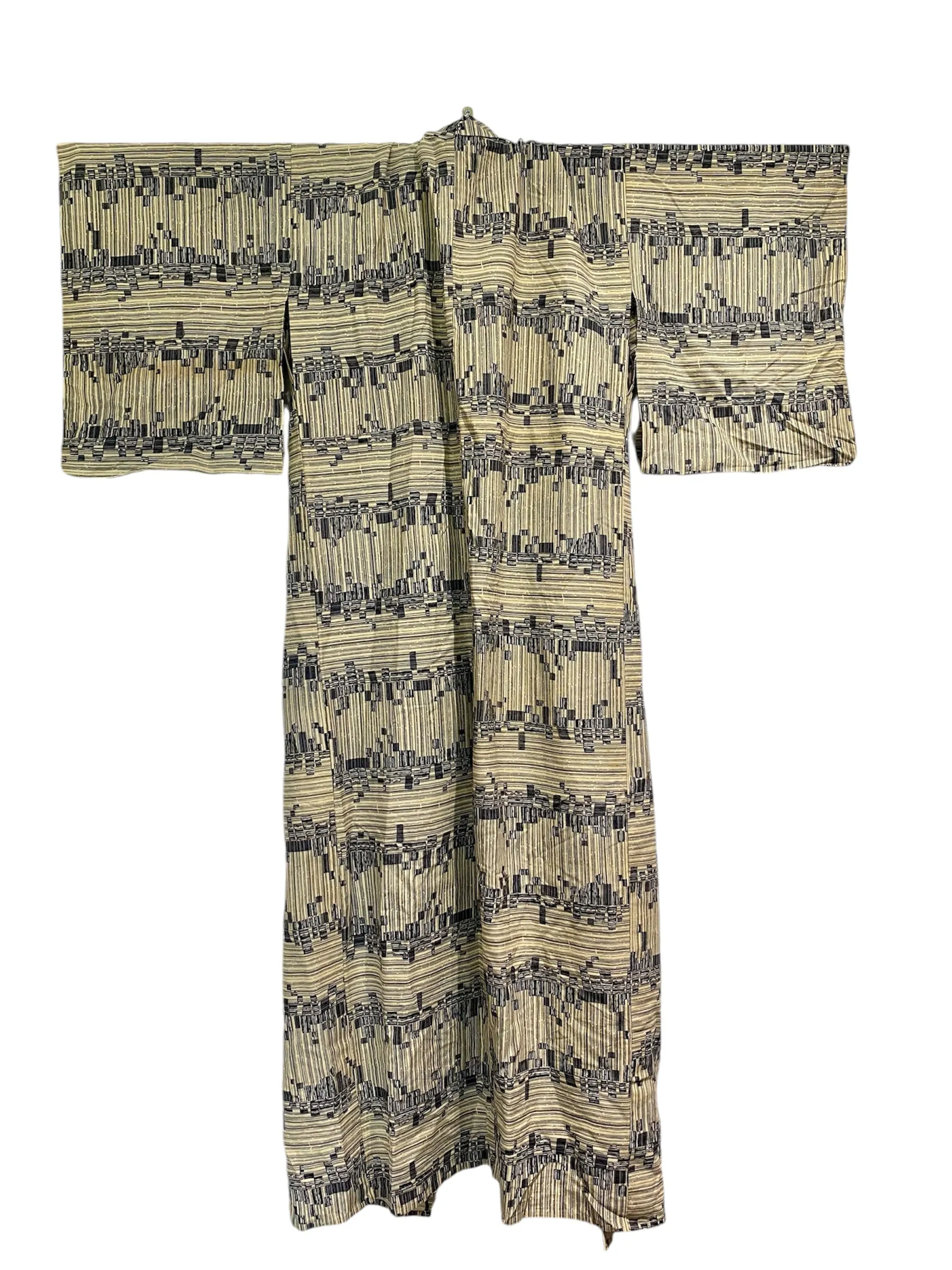 Vintage Japanese Silk Kimono in Geometric Blue Cream Pattern
