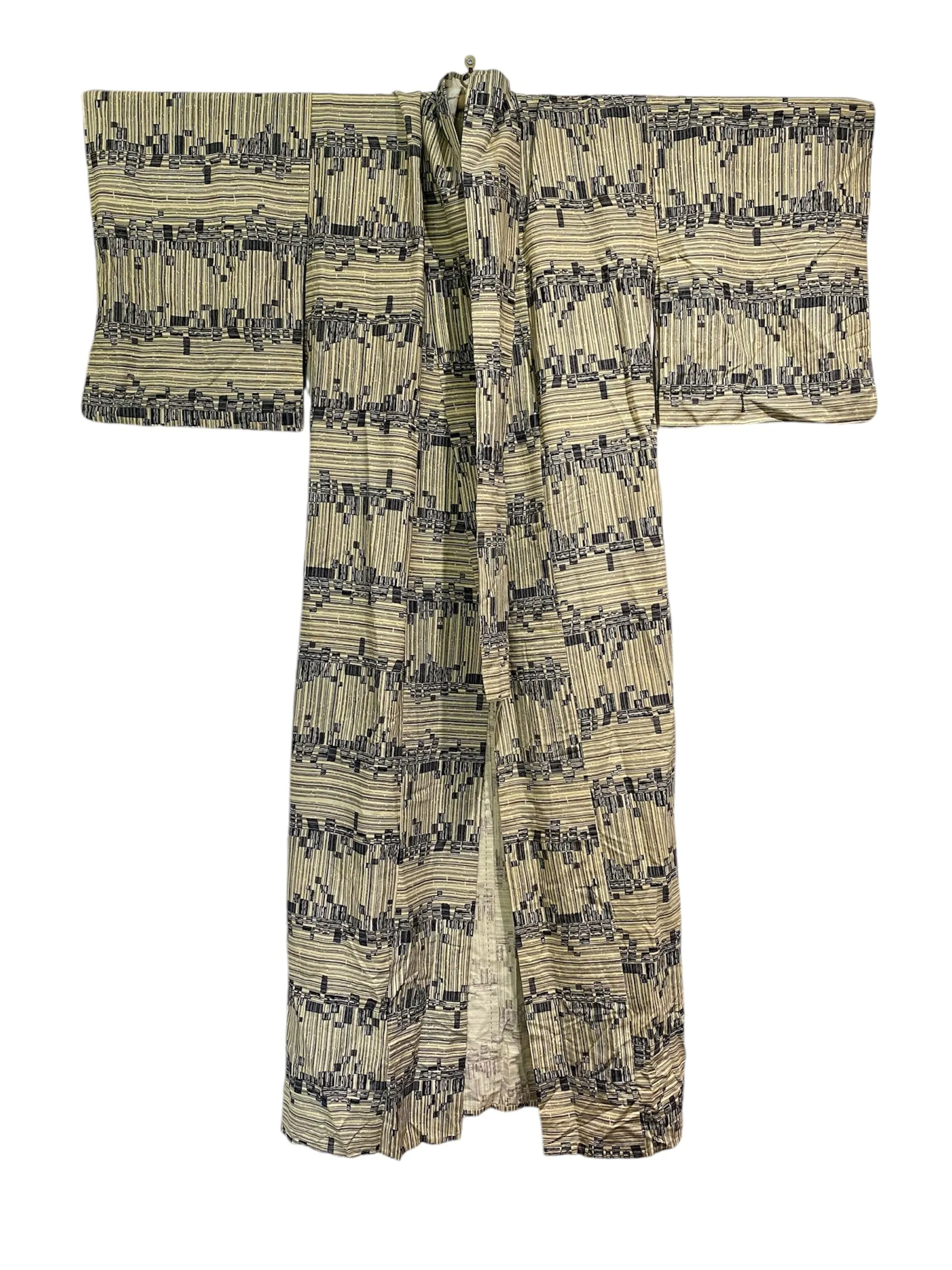 Vintage Japanese Silk Kimono in Geometric Blue Cream Pattern