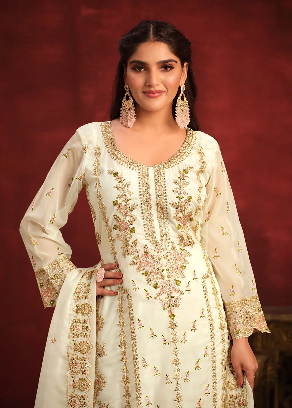 Viscose Organza Cream Zari & Sequins Festive Salwar Suit