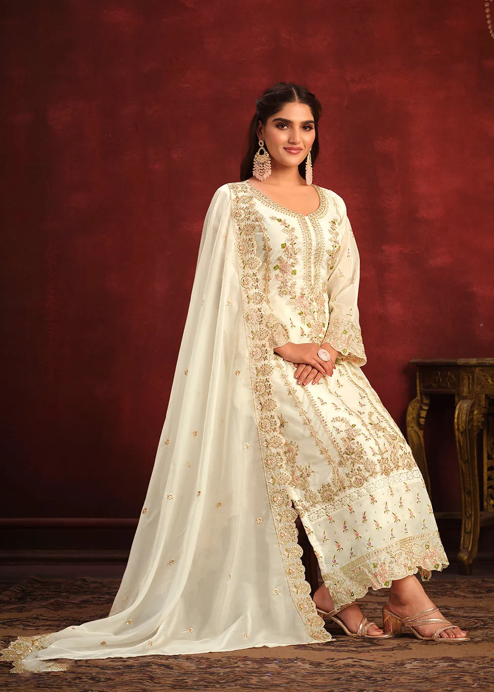 Viscose Organza Cream Zari & Sequins Festive Salwar Suit