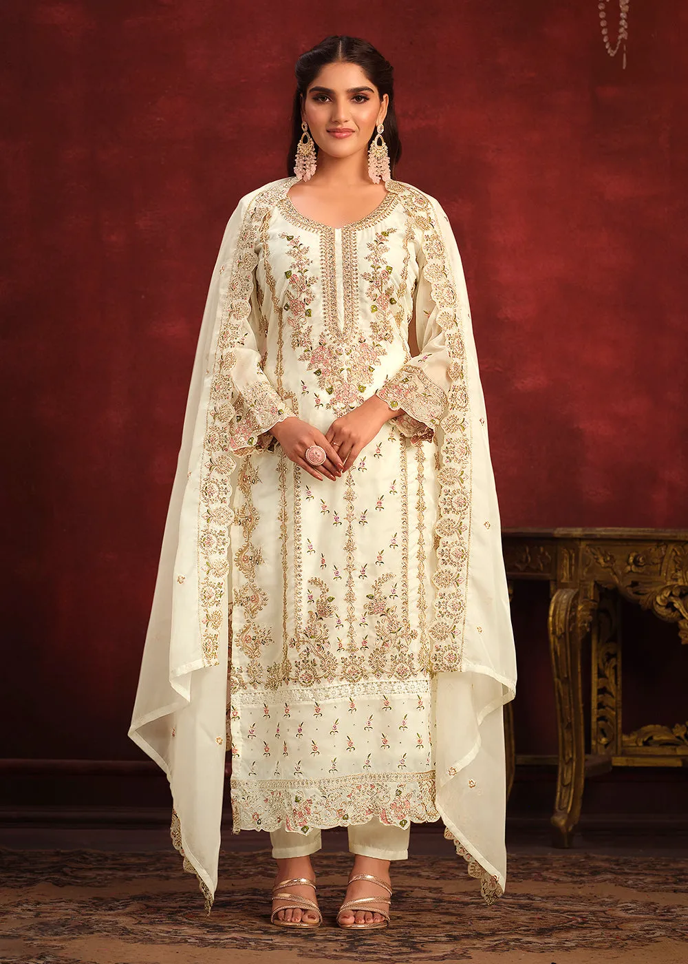 Viscose Organza Cream Zari & Sequins Festive Salwar Suit