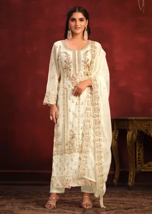 Viscose Organza Cream Zari & Sequins Festive Salwar Suit