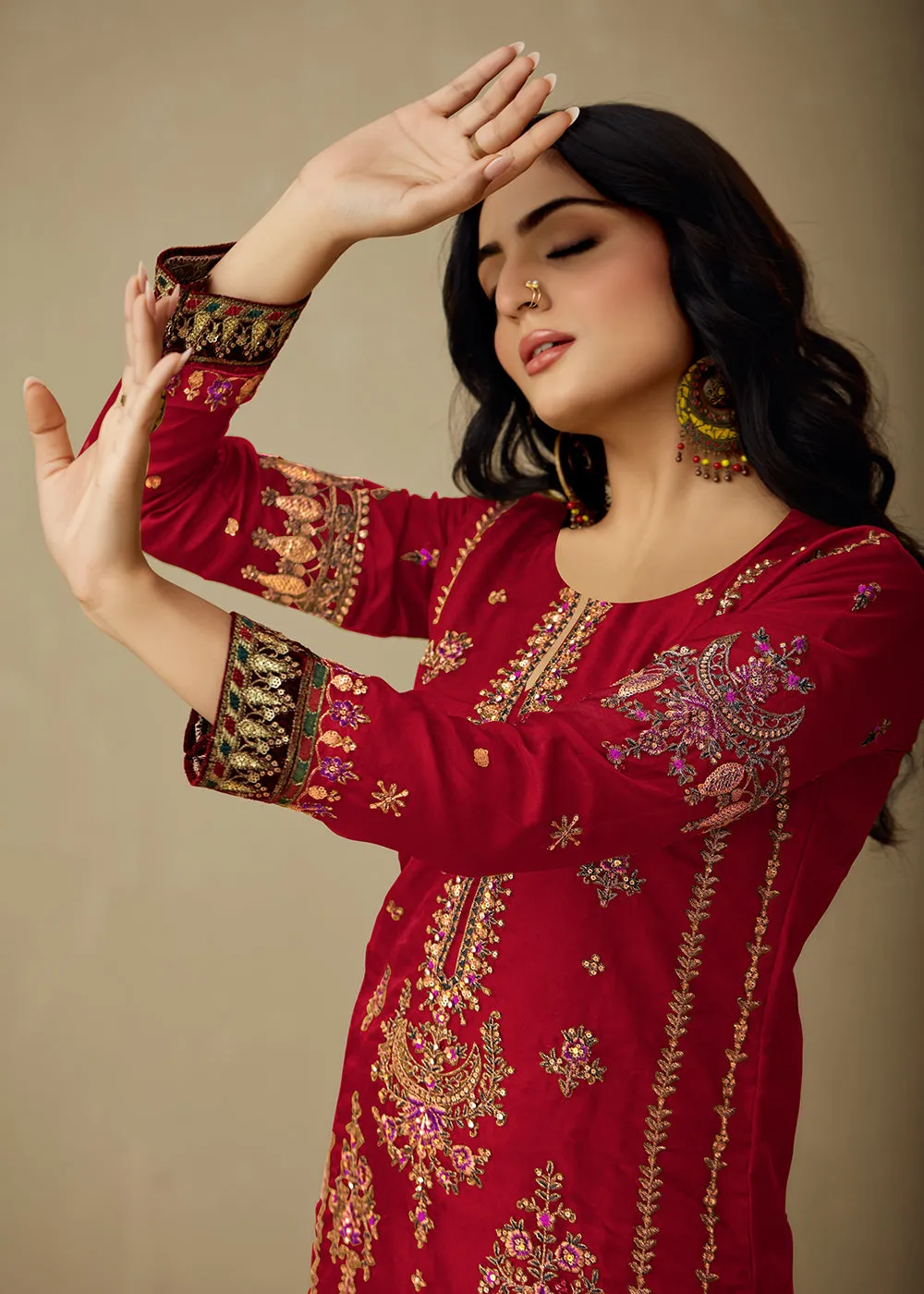 Vivid Red Organza Embroidered Traditional Salwar Kameez