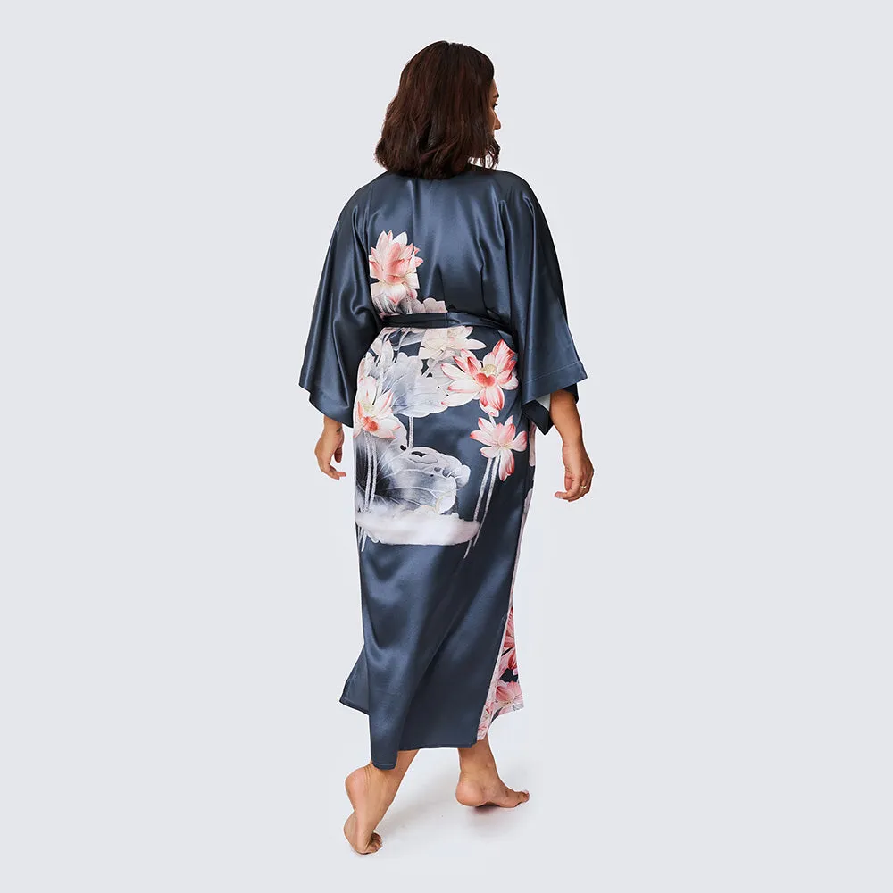 Washable Silk Lotus Long Kimono Robe (Plus Size)
