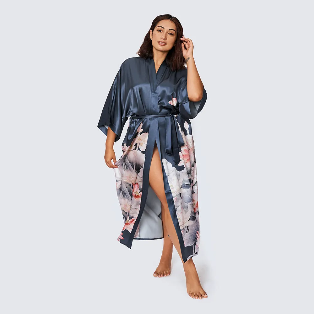 Washable Silk Lotus Long Kimono Robe (Plus Size)
