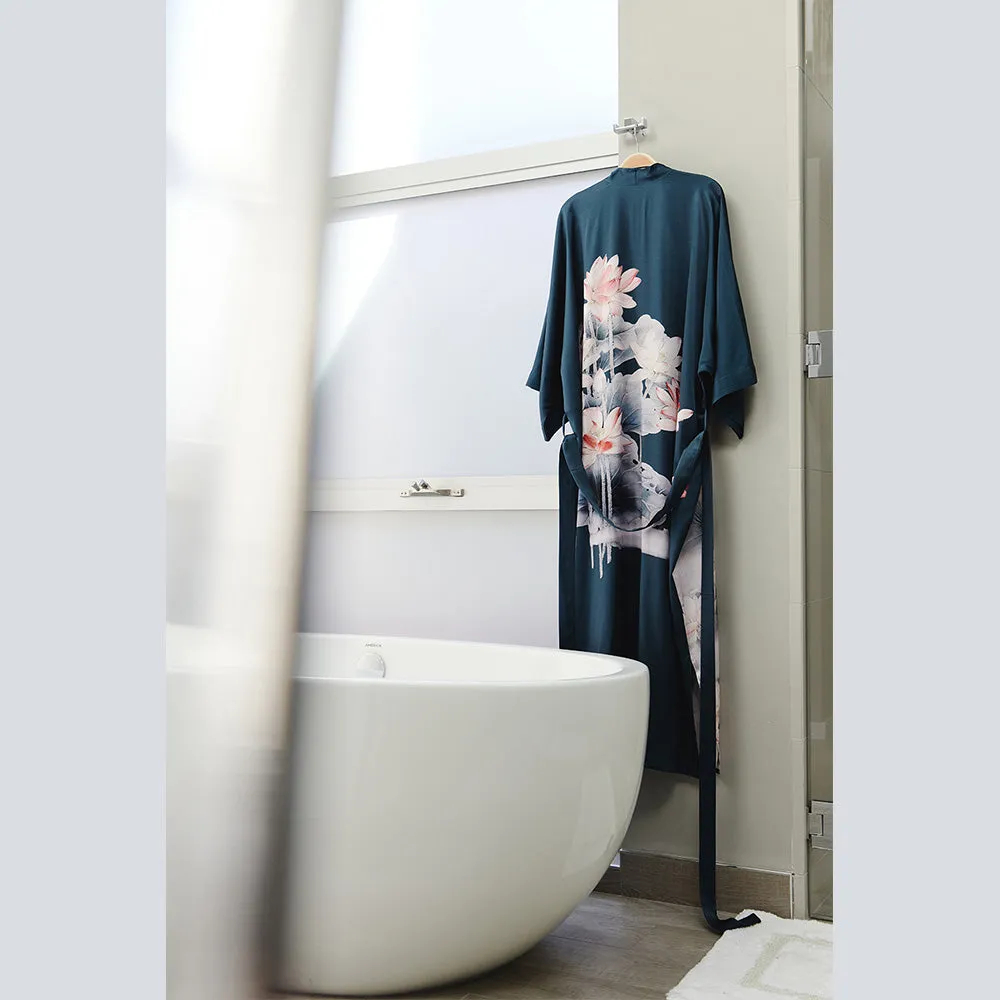 Washable Silk Lotus Long Kimono Robe (Plus Size)
